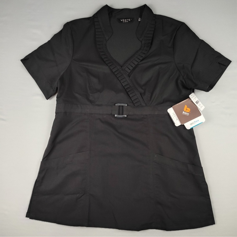NWT Verite By Barco Scrub Top Women's M Black Ruffle Buckle Medical Uniform Belt